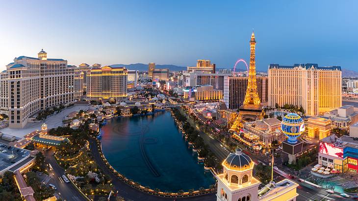 An aerial view of Las Vegas in the evening with building illuminated