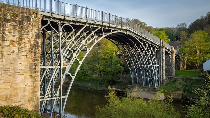 An iron bridge over a river surrounded by lush trees