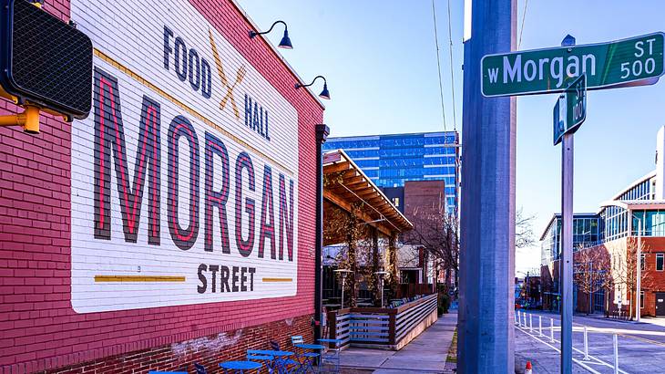 A brick wall with a sign that says "Food Hall, Morgan Street"