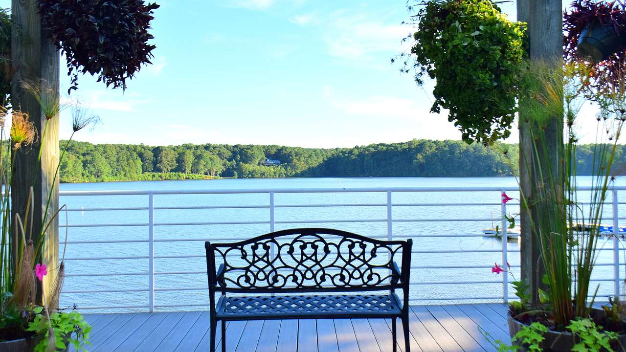 A small iron bench on a deck with plants next to a lake and trees