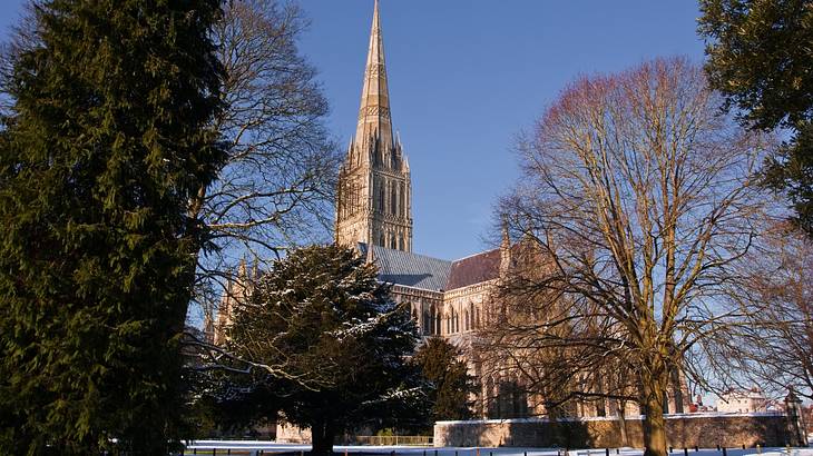 A gothic style church with a pointy tower surrounded by bare trees in winter A gothic style church with a pointy tower surrounded by bare trees in winter