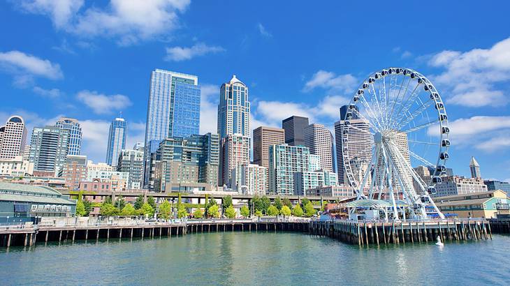 A Ferris wheel and skyscrapers near a body of water on a nice day