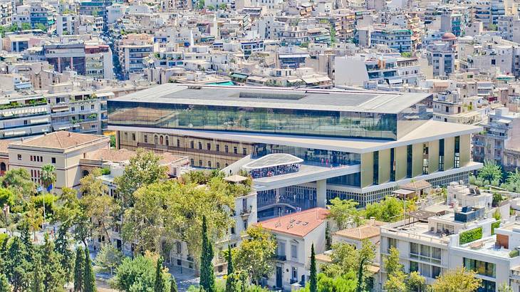 The Acropolis Museum is made of glass and is one of the many Athens landmarks