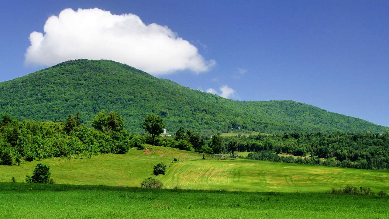 Lush mountains near rolling fields under a blue sky with white clouds