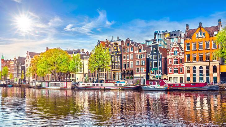 Colorful buildings and trees near boats on a body of water