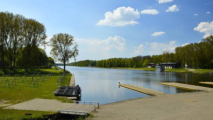 A lake with grass, trees, and a walkway around it under a blue sky with white clouds