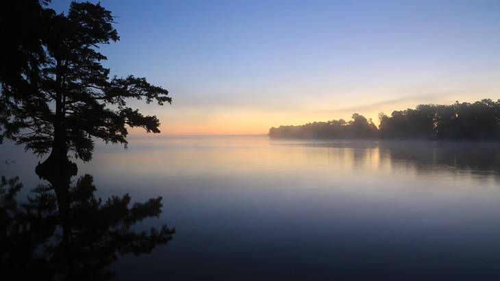 Sunrise over a lake surrounded by black shadows of trees