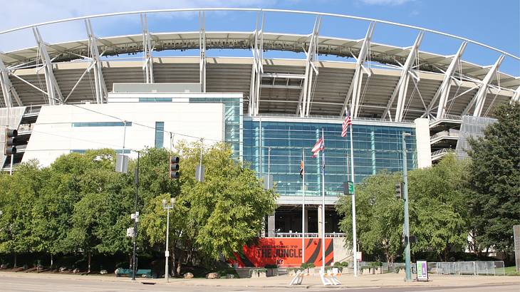 The entrance to a football stadium with an orange sign that says "The Jungle"