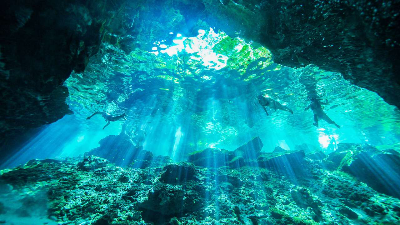 Three people underwater inside an underground cave