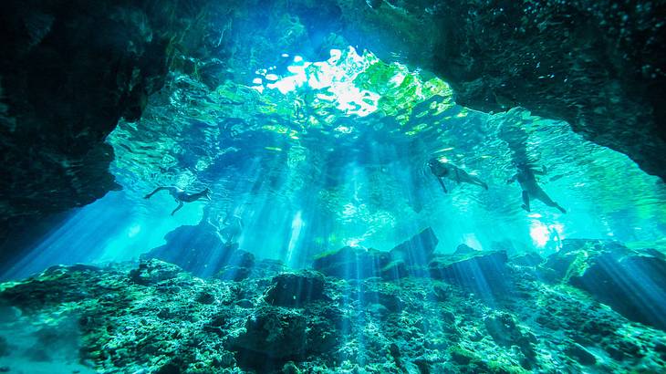 Three people underwater inside an underground cave