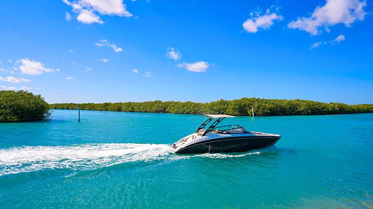 A boat on blue water with green trees surrounding under a blue sky with white clouds