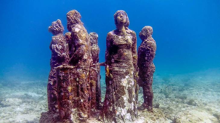 Statues of people underwater with algae on them