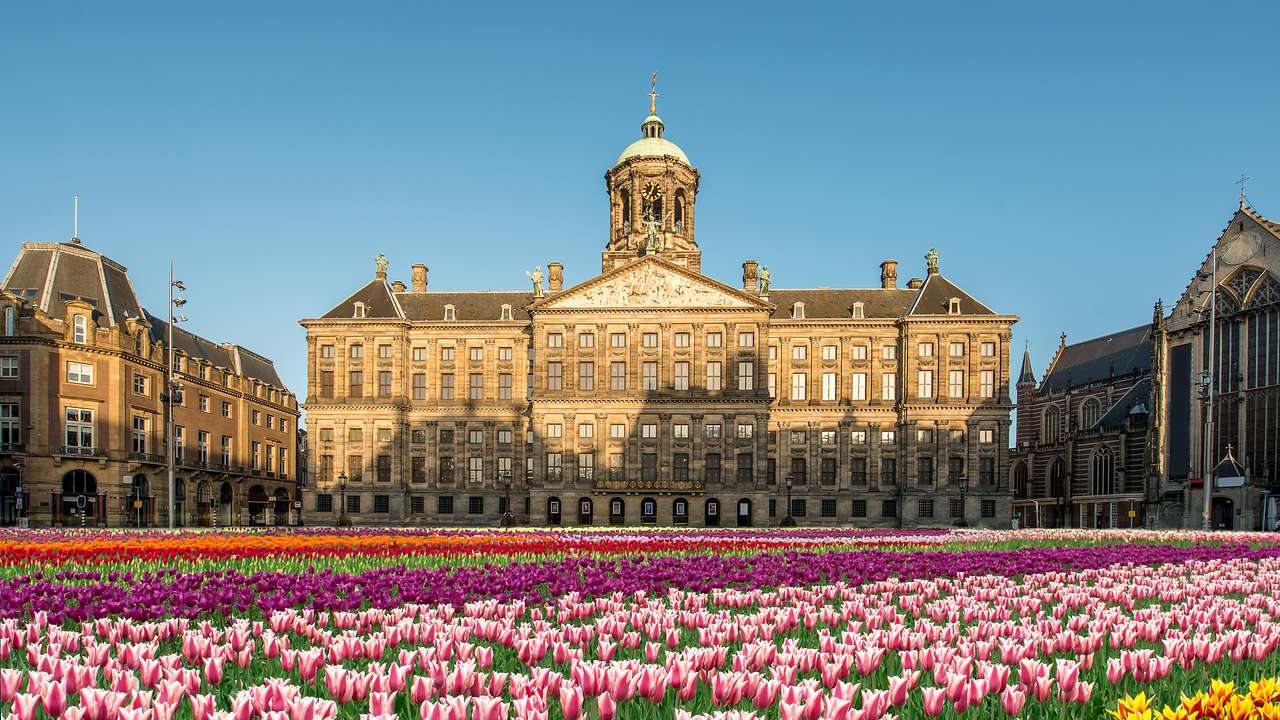 A palace with colorful tulips in front