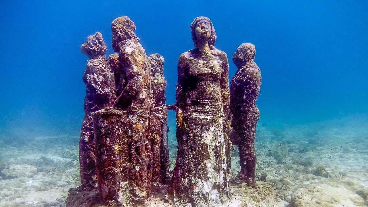 Statues underwater with greenery growing on them