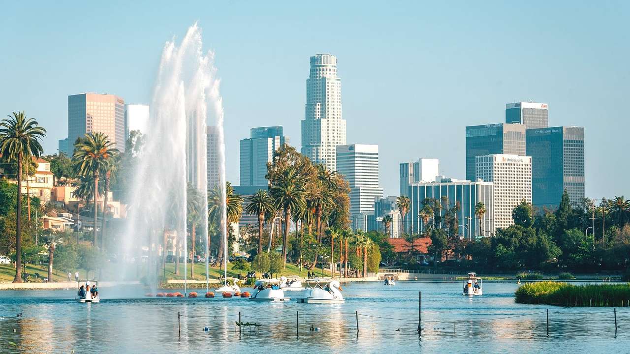 One of many fun Los Angeles date ideas is riding swan boats at Echo Park Lake