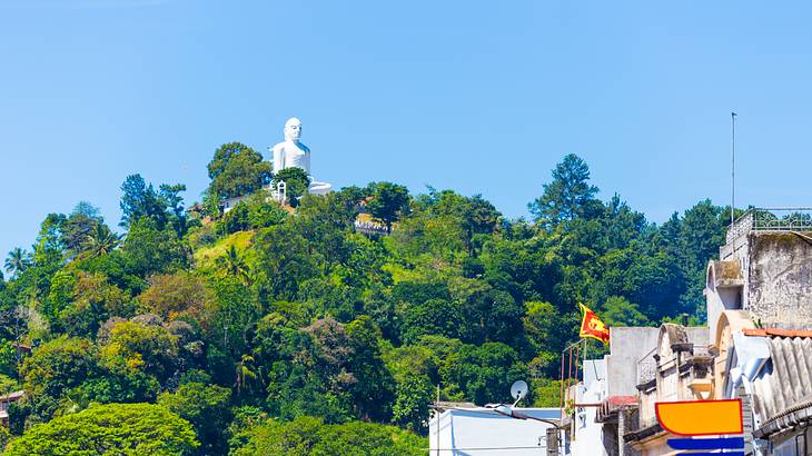 A white buddha statue on a tree-filled hill against blue sky from below