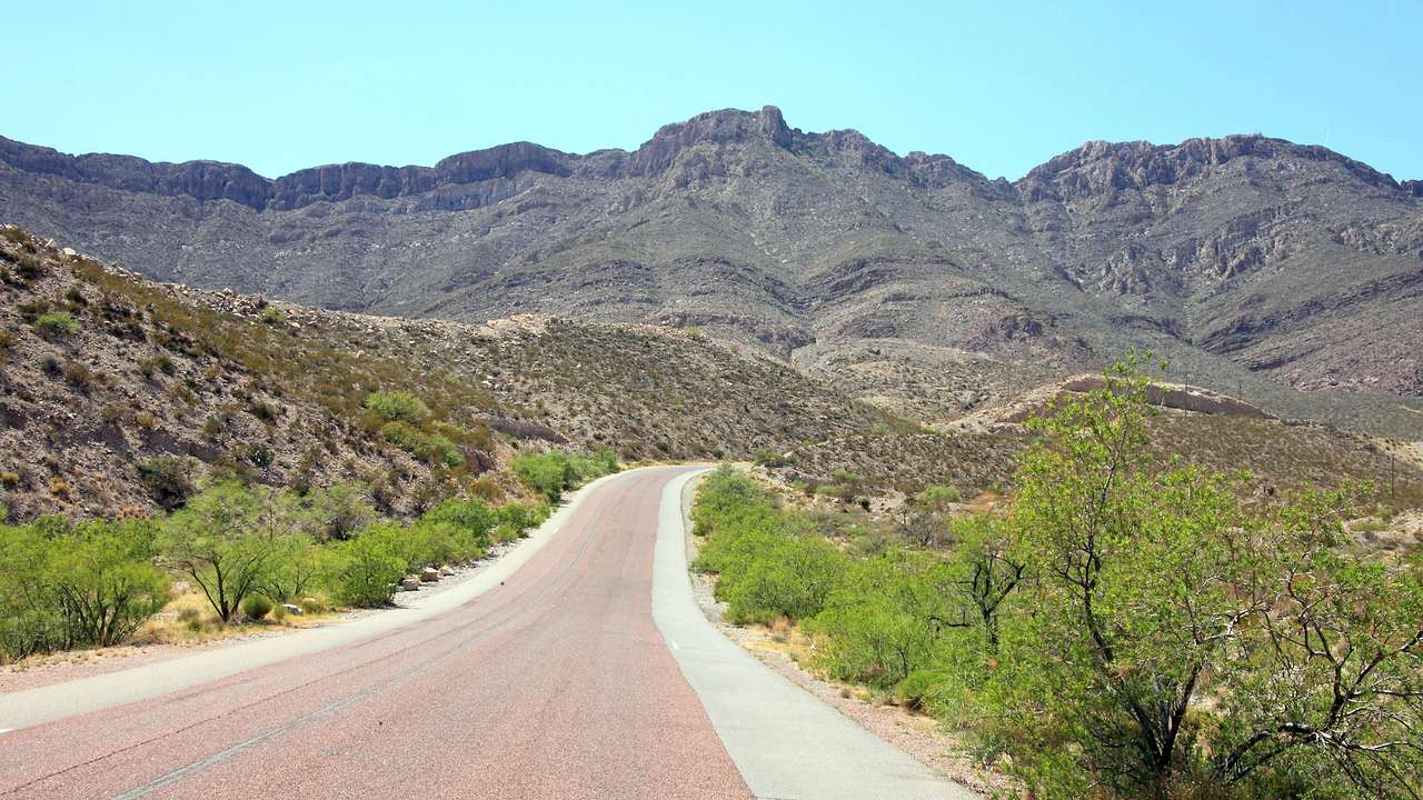 A road leading to a greenery-covered mountain with shrubs next to it