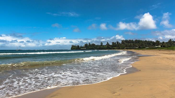 A sandy beach with waves gently crashing onto the shore