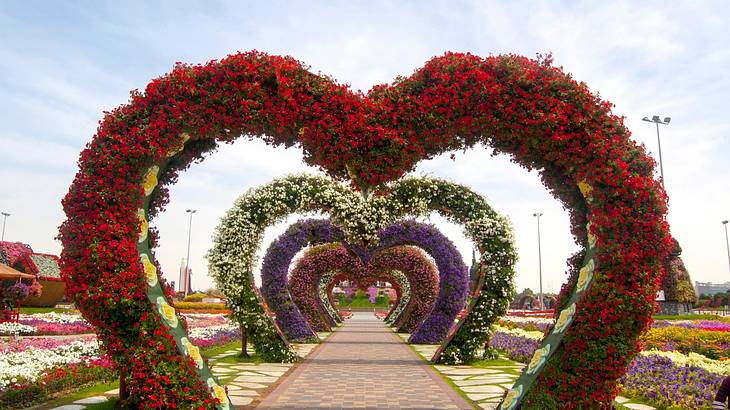 A footpath going through colorful flowers arranged in large heart shapes