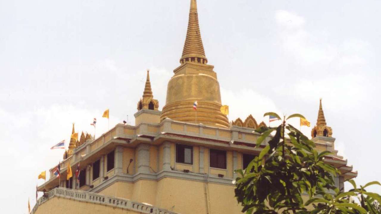 Golden Mount atop of a golden temple with a leafy tree in front