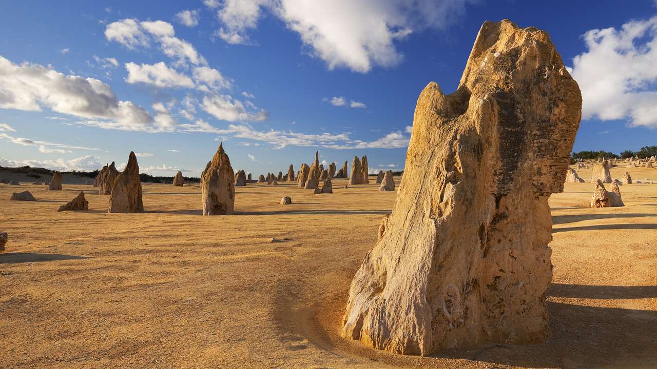 Many tall limestone pillars in a desert on a partly cloudy day with blue sky