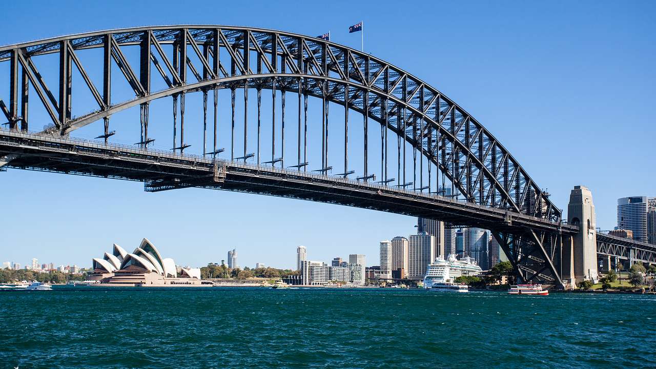 A large steel arch bridge over blue water with a modern city skyline at the back