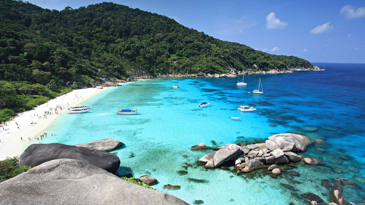 A side view of a bay with turquoise water and a beach, surrounded by green forest