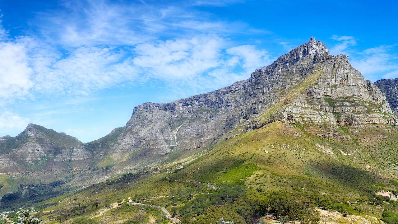 Mountainous landscape surrounded by greenery under a partly cloudy sky