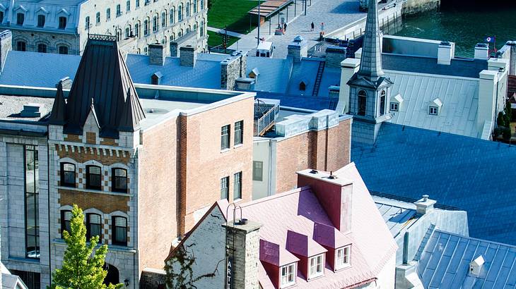 Aerial view of colorful French-style building rooftops Aerial view of colorful French-style building rooftops