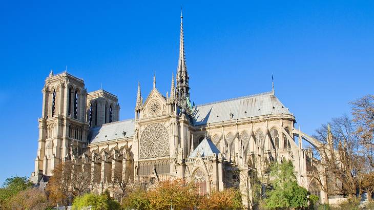 Side view of a gothic church surrounded by trees and blue sky Side view of a gothic church surrounded by trees and blue sky