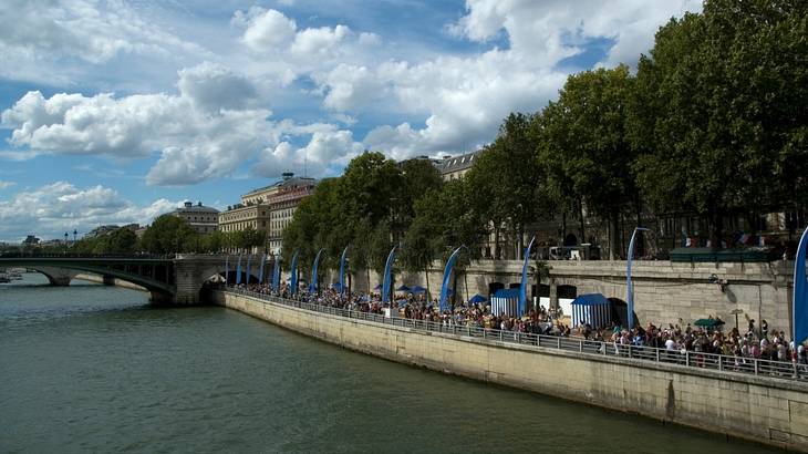 Crowd of people enjoying the beach along the bank of a river with trees Crowd of people enjoying the beach along the bank of a river with trees