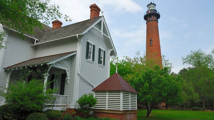 A house surrounded by a lighthouse and trees from below