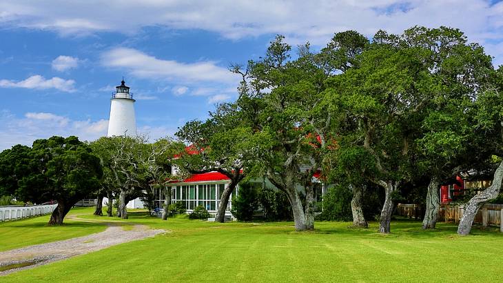 White lighthouse surrounded by green trees and a hidden red and white building