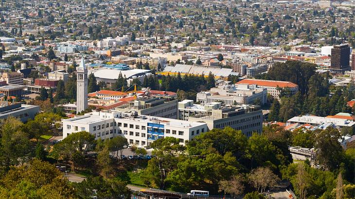 Aerial view of a university surrounded by buildings and trees