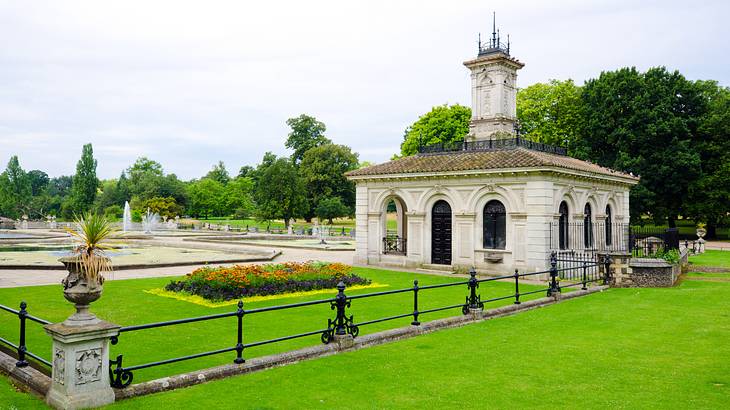 South view of the Italian Gardens surrounded by fountains, trees and lawns