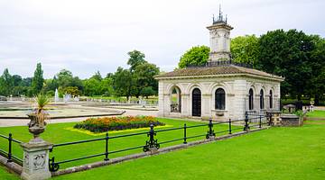 South view of the Italian Gardens surrounded by fountains, trees and lawns