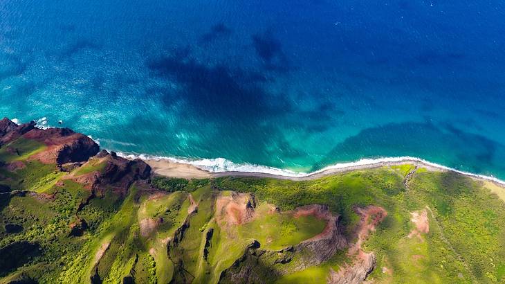 Aerial view of a rocky coast with lush greenery and glistening blue ocean Aerial view of a rocky coast with lush greenery and glistening blue ocean