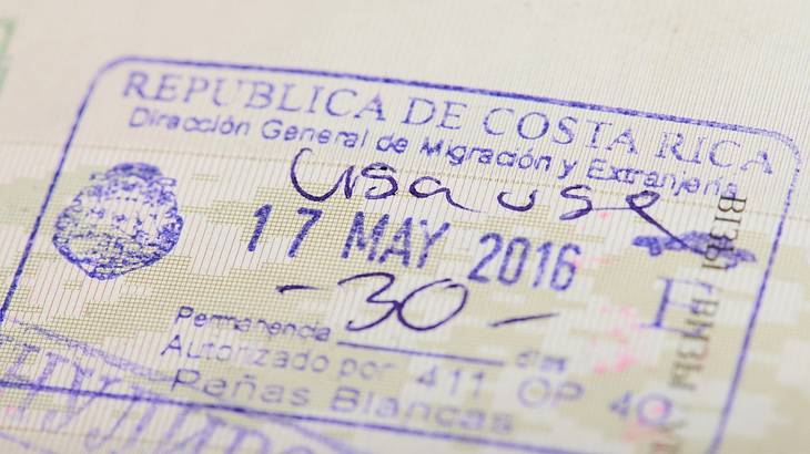 Close up of an arrival stamp for Costa Rica, on a passport page
