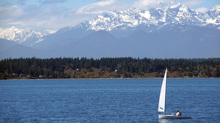 Sailboat afloat a blue fjord with snow-covered mountains in the background