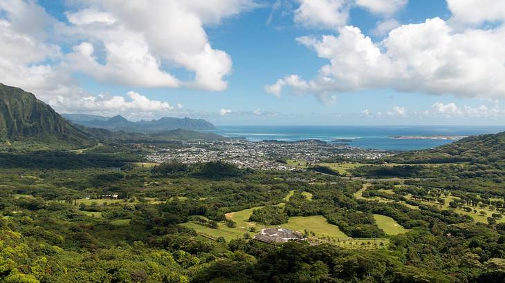 Panoramic view of a tropical valley and mountain range with an ocean at the back