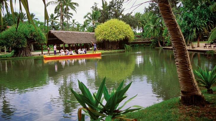 People onboard a canoe in a lagoon surrounded by lush greenery