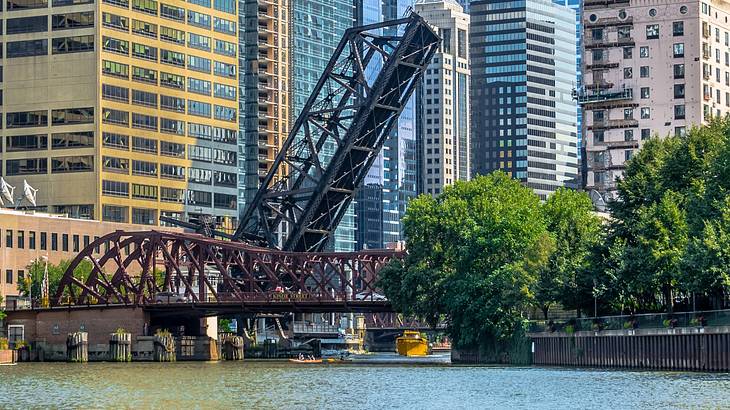 Boats under a steel railroad bridge and between skyscrapers and trees Boats under a steel railroad bridge and between skyscrapers and trees