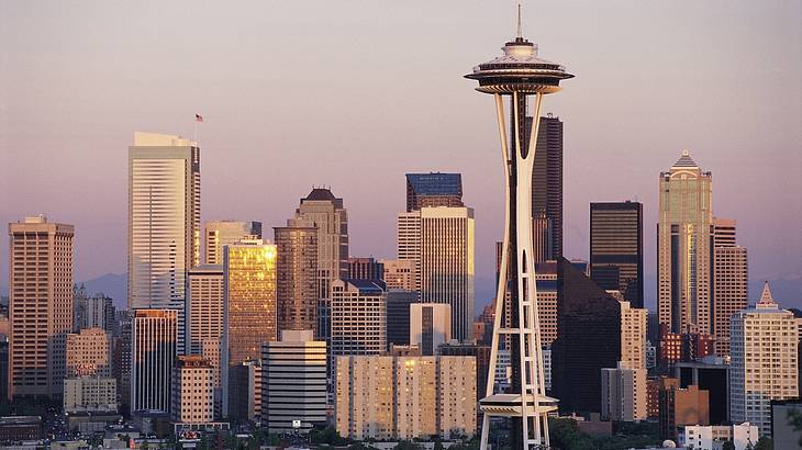 The tall Space Needle is one of the famous landmarks in Seattle, Washington