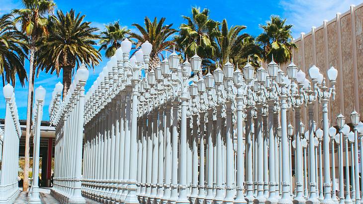 Rows of white vintage iron street lamps aligned with palm trees behind