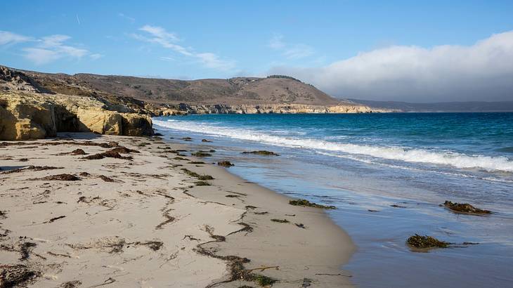 Sandy shores and blue water surrounded by cliffs on Santa Rosa Island