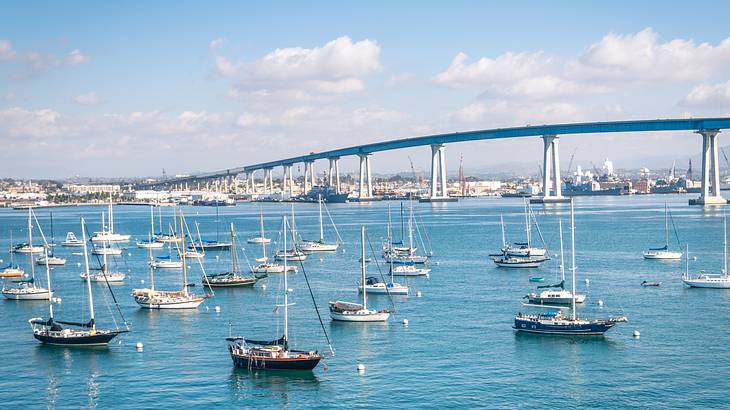 Under some clouds, a long bridge spans a bay with several parked boats