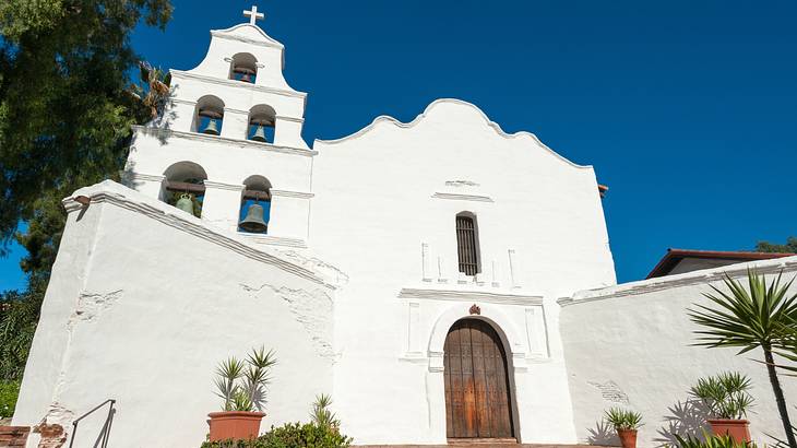 A white church with a bell tower, a wooden door, and plants at the front