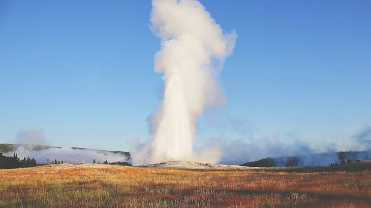 A side view of a geyser shooting up white steam high into the blue sky