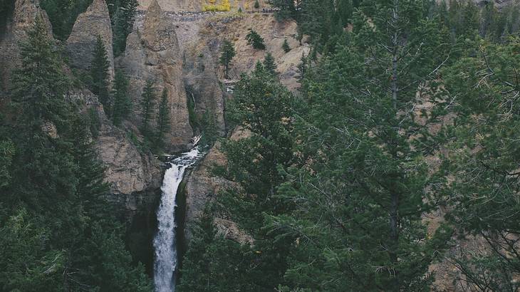 Aerial shot of a tall thin waterfall going over a cliff, surrounded by trees