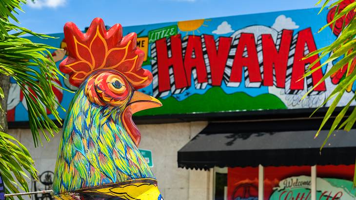 A colorful rooster statue with a Little Havana sign behind it